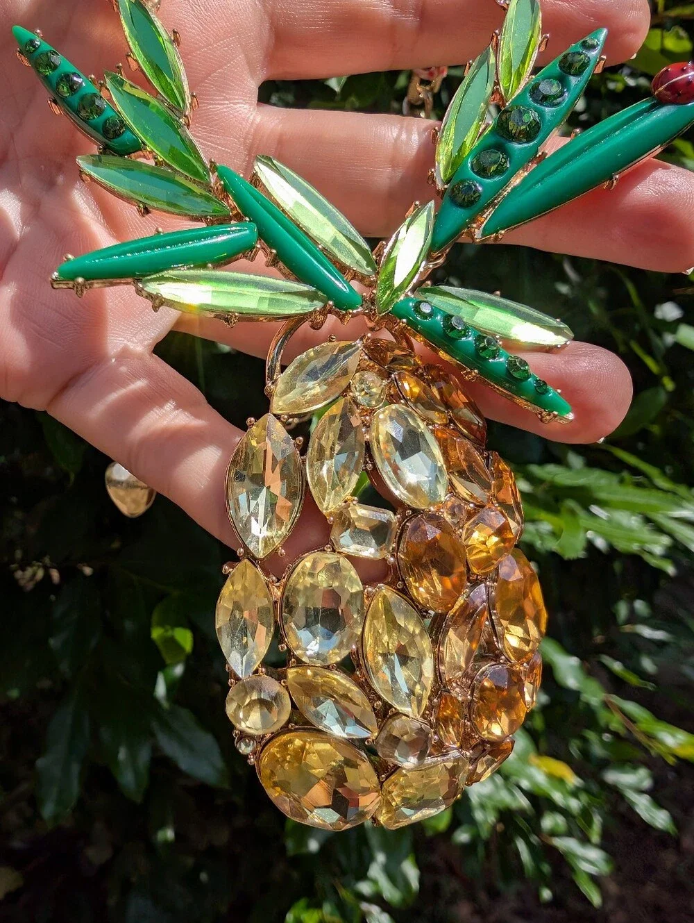 Betsy Johnson Rhinestone Pineapple Pendant Necklace Statement Jewelry